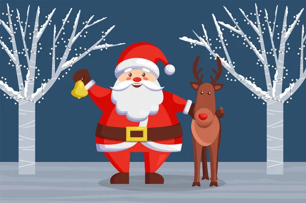 Personajes Navidad Bosque Por Noche Santa Claus Sosteniendo Campana Abrazando — Archivo Imágenes Vectoriales