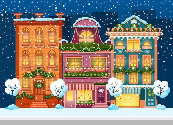 Різдвяне Місто Старі Будинки Магазини Кафе Засніжена Міська Вулиця Під — стоковий вектор