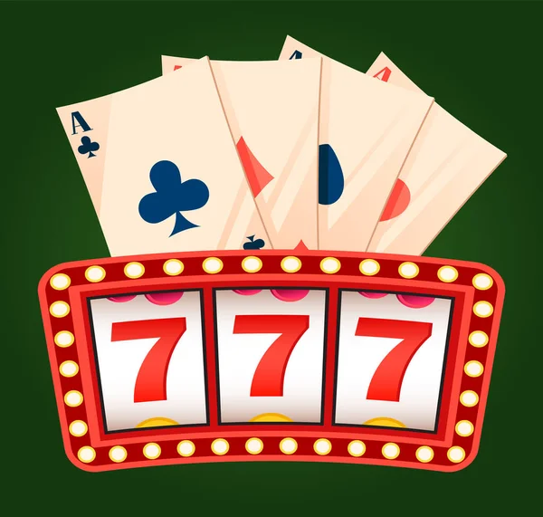777 Icônes Jeu Cartes Jouer Sur Couleur Verte Panneau Roulette — Image vectorielle