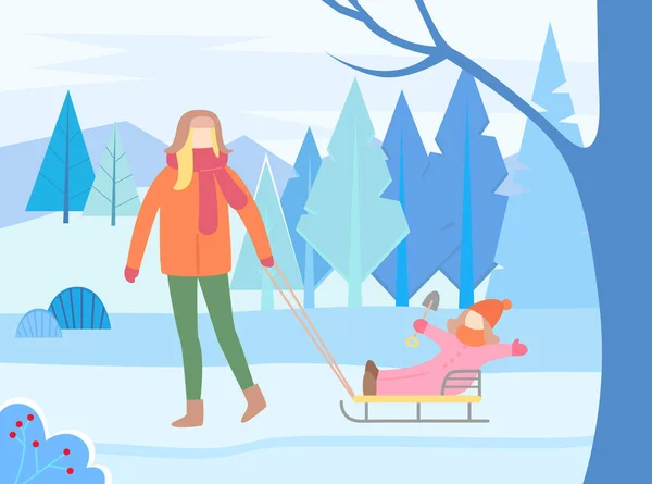 妈妈和孩子在冬天的公园里 母的拉着小孩坐在雪橇上 穿着保暖衣服的快乐孩子 妈妈和女儿在森林里 松树丛生 山顶白雪覆盖 矢量呈扁平型 — 图库矢量图片