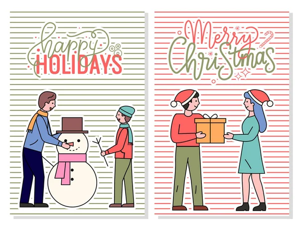 Frohe Weihnachten Und Frohe Feiertage Postkartenvektor Menschen Tauschen Geschenke Über — Stockvektor
