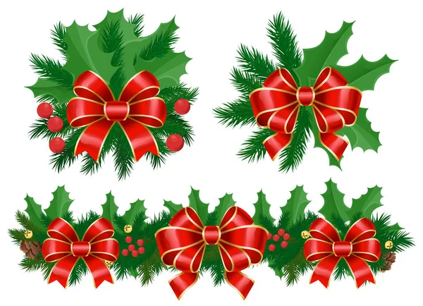 圣诞节的一套装饰品 刺槐和松树枝条的离体植物组成 球果和浆果与缎带弓 螺旋条纹和传统的圣诞节常绿叶 扁平法向量 — 图库矢量图片