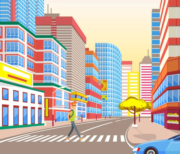 现实的城市街道 人走在道路的载体上 行人过街天桥和人品 现代城镇建筑 汽车和交通 基础设施 — 图库矢量图片