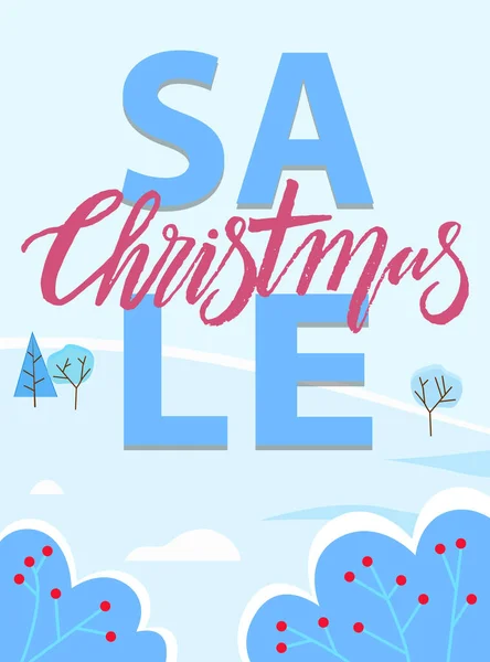 Christmas Sale Promotional Poster Winter Landscape Bushes Red Berries Covered — Stock Vector