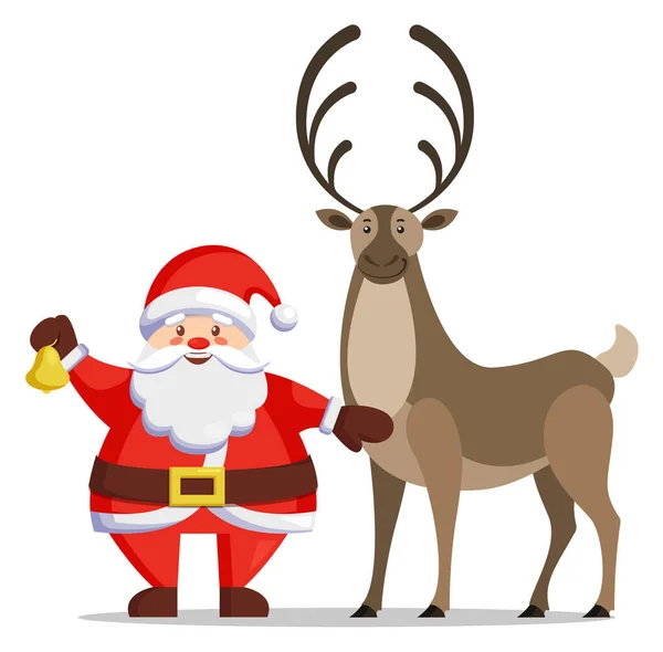 北極のポストカードサンタは白の鹿の文字の近くに鐘で立っている 伝統的な赤い服とトナカイの近くの帽子でクラウスと冬の休日カード Xmasお祭りポスター動物とともにAntlersベクトル — ストックベクタ