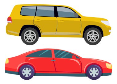 Ulaşım vektörü belirlendi, izole edilmiş kaslı arabalar nakledildi. Cip ya da hotrod otomobil, sürücü araçları, eski tip otomobiller, web için düz stil tasarımı sarı otomobil illüstrasyonu,