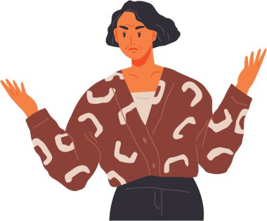 Kadın kızgın. Hoşnutsuzluk. Duygusal el hareketleriyle karikatür tarzında huysuz bir kadın karakter. Öfke, saldırganlık, stres, depresyon, sinir krizi, iş kavramı, öfkeli kişi