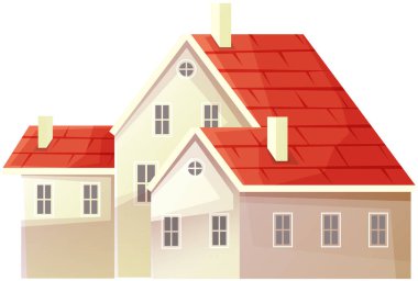 Köy evi, büyük bir kulübe, pencereli ve çatılı inşaat. Tatil evi inşa etmek yaşamak ve dinlenmek için güzel bir yer. Banliyöde bir aile evi. Modern ev, mimari yapı.
