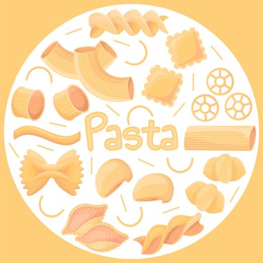 İtalyan ulusal mutfak kafesi afişi. Mağaza reklamı, restoran menüsü, yemek logosu için tasarım. İtalyan makarnası ve farfalle makarnası. Beyaz arka planda izole edilmiş erişte. Makarna, geleneksel yemek.