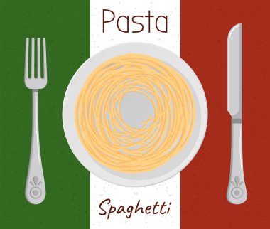 Parmesan peynirli makarna İtalyan mutfağı. Ulusal bayrak arka planında servis edilen spagetti. Beyaz tabakta vektör sıcak yemek, spagetti. Kafede akşam yemeği kavramı, gurme, beslenme malzemesi