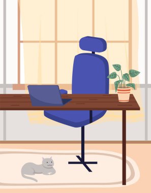 Çalışanların örgütlenme yeri. Worspace oda tasarımı, ofiste çalışmak için yer. İçi bilgisayar ve sandalyeli mobilya masası düzenlemesi. Evde teknolojiyle çalışmak için uygun bir yer
