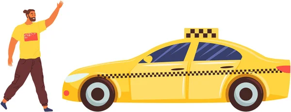 Веселий Бородатий Чоловік Зупиняє Безкоштовні Стійки Таксі Ізольовані Білому Служба — стоковий вектор