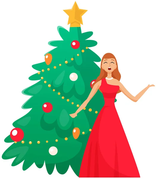 美しい女の子はモミの木の近くに立ってお祝いの歌を歌う 新年とクリスマス 冬のお祝いや休日 幸せな女性のボーカルは 家族のパーティーやコンサートでメロディーと詩を実行します — ストックベクタ