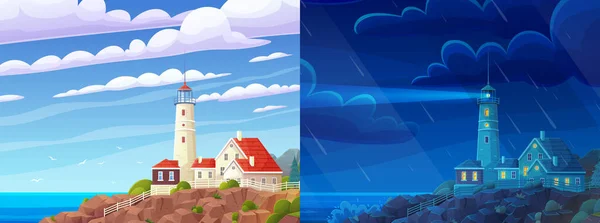 海岸に白い灯台と海辺の風景 昼と夜の灯台の飼育員のための建物 海の風景の要素 美しい場所と岩 ホワイトタワーの照明 ナビゲーション建設 — ストックベクタ