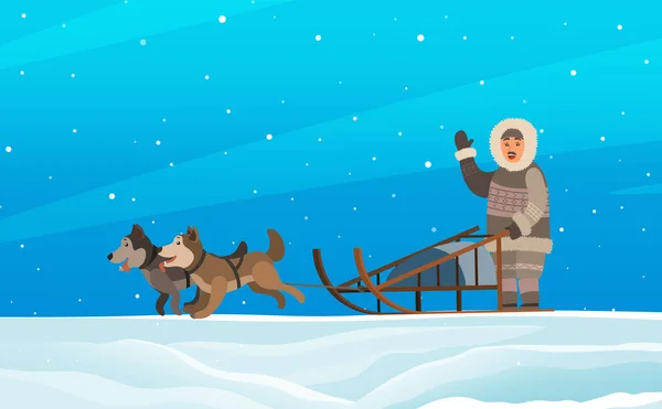 Eskimo Wearing Fur Clothes Sleigh Husky Dogs Man Hunter Waving — Stock Vector