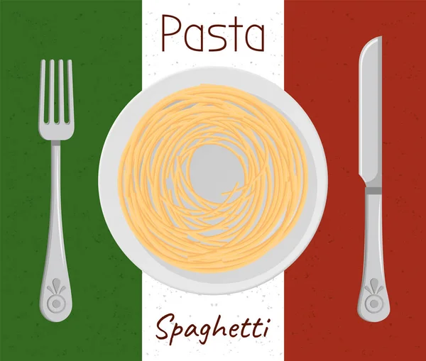 パスタにパルメザンチーズイタリア料理 国旗を背景に盛り付けられたスパゲティ ホワイトプレートにベクトルホットミール スパゲティ カフェでのディナー グルメ 栄養成分の概念 — ストックベクタ