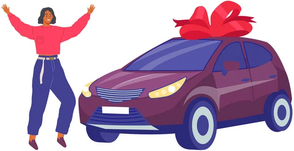 幸せな女性と車のギフトの概念を喜んでジャンプし 手を振って 贈り物として大きな赤い弓リボンと新しい車 販売のための最高の提供車 賃貸料 テンプレート プレゼンテーション ショー車両 — ストックベクタ
