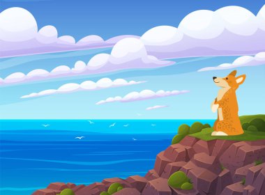 Uçurum vektör illüstrasyonunun kenarındaki Corgi köpeği. Kısa pençeli komik bir kızıl köpek yavrusu dışarıda yürüyor. Deniz manzarasına hayran sevimli bir hayvan, doğa manzarası. Küçük köpek deniz kıyısındaki dağlarda vakit geçirir.