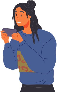 Telefonunu kullanan bir kadın. Haberleri paylaşma kavramı, arkadaşlarınızı internetten yönlendirin. Ekranda simgeleri olan mobil bir cihaz tutan bir kız. Arkadaşlarına ya da iş arkadaşlarına mesaj gönder. Akıllı telefon bağımlılığı