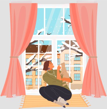 Kedi ile oynayan dişi hayvan sahibi. Hayvanlarla ilgilenmek, evcil hayvan konseptiyle ortak zaman geçirmek. Pencerenin arka planında kışın şehir manzaralı evcil bir hayvan olan kadın. Kedili kız evde vakit geçiriyor.
