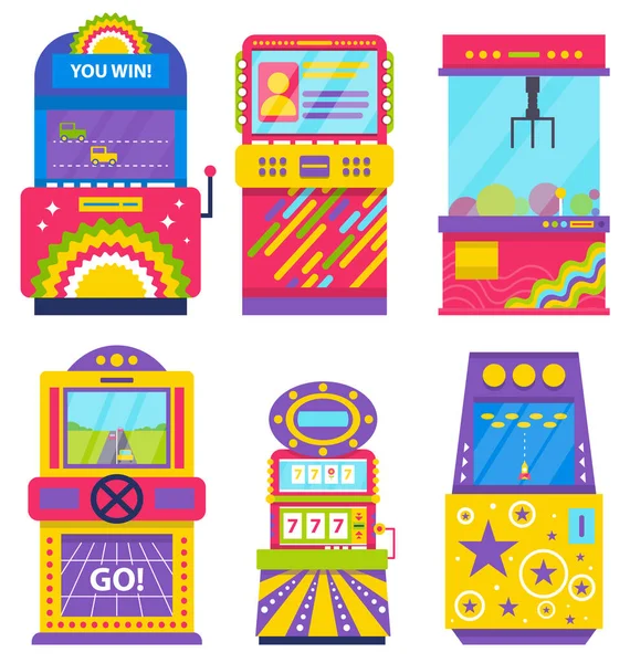 Set Different Colorful Retro Arcade Machines Isolated White Game Application — ストックベクタ