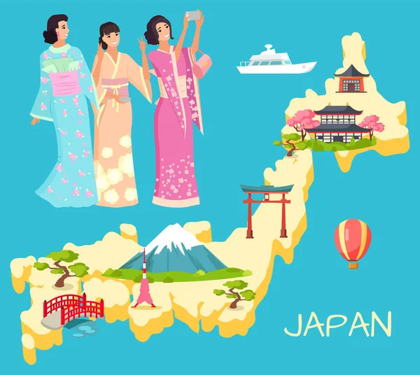 ランドマーク 山と桜 鳥居と京都と日本地図 自撮り 日本の建築 女性ベクトルを作る国民的な着物で笑顔芸者 フラット漫画 — ストックベクタ