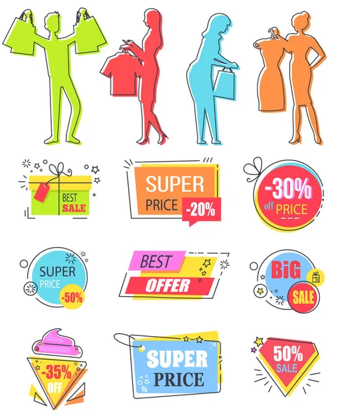 Shopping Menschen Silhouetten Und Banner Vektor Räumung Und Verkauf Rabatt — Stockvektor