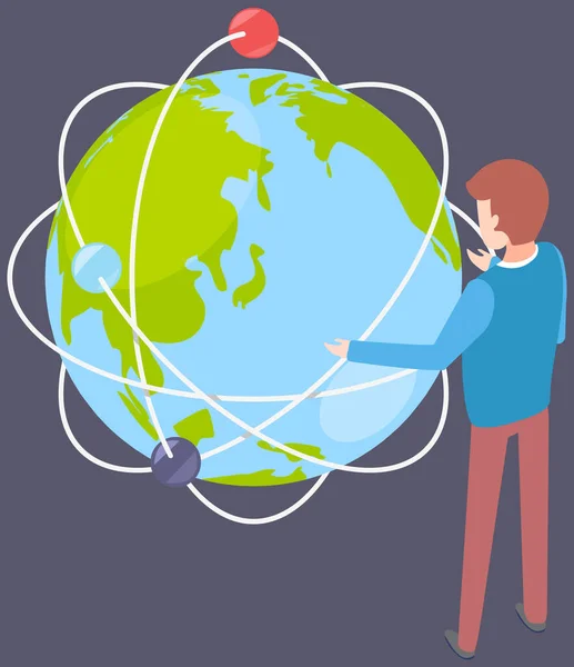 国际商业视觉概念 商人站在大星球的布局展示上 讲述着世界贸易的发展方向 成功的交易者 社交网络 旅行社经理在工作 — 图库矢量图片