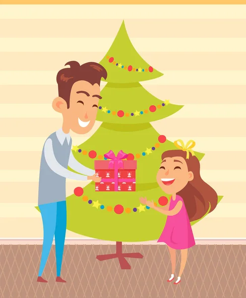 Baba Kızına Hediye Verir Mutlu Ebeveyn Çocuklar Evde Noel Ağacının — Stok Vektör