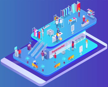 Yürüyen merdiven taşıyıcı illüstrasyonlu, merdivenli, otomatik merdivenli alışveriş merkezleri. Moda butiği, kafesi ve marketi olan modern çok katlı ticaret merkezi, dinlenmek için serbest bölge.