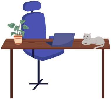 Çalışanların örgütlenme yeri. Worspace oda tasarımı, ofiste çalışmak için yer. İçi bilgisayar ve sandalyeli mobilya masası düzenlemesi. Evde teknolojiyle çalışmak için uygun bir yer