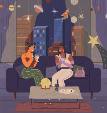 Gençler arkadaşlarıyla konuşur, iki kadın iletişim kurar. Kızlar kanepede oturup konuşuyorlar. Kadın karakterler kanepede oturur, kulüp partisinde kokteyl sahnesi içerler. Kostümlü kadınlar uzay partisinde vakit geçirirler.