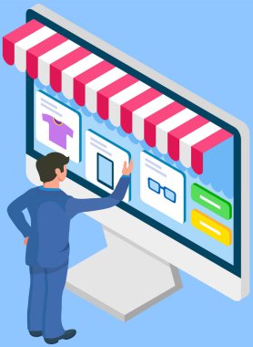 İşadamı internet ticareti ve internet alışverişi için bilgisayar kullanıyor. E-ticaret biçimi tüketicilerin internet üzerinden doğrudan mal veya hizmet satın almalarına izin veriyor. Web tarayıcı, mobil uygulama kullanarak.