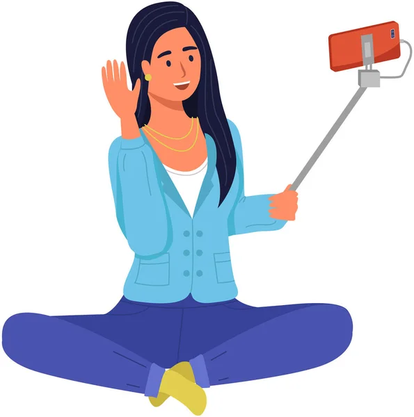 Holka Bere Selfie Šťastná Usměvavá Žena Chytrým Telefonem Fotografování Sedí — Stockový vektor