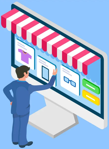 Biznesmen Pomocą Komputera Handlu Online Zakupy Internetowe Forma Commerce Pozwala — Wektor stockowy