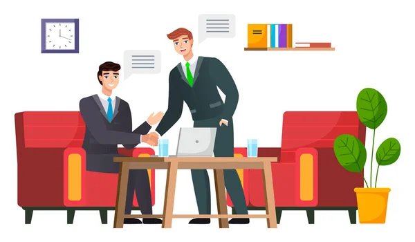 パートナーのためのビジネスの推進 男は握手をする 面接を受ける 同僚はプロジェクトについて話し合う チームワークのアイデア 金融への投資や意見交換の提案を受け入れる — ストックベクタ