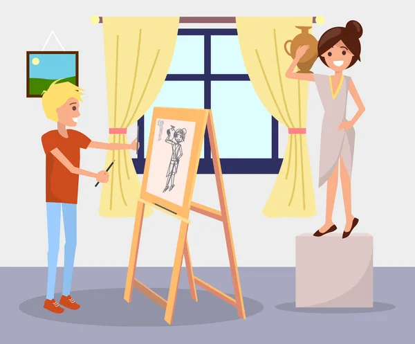 男やティーンエイジャーは立ち イーゼルを使用して女性の姿を描きます ブラシ 女の子が彼女の肩にアンフォラをポーズでパレット 肖像画を描く 黄色いカーテン 家にいて 平面ベクトル画像 — ストックベクタ