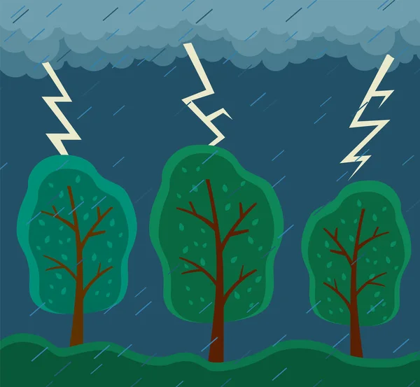 Regenwetter Blitz Donner Sturm Grüne Bäume Unter Starkem Regen Und — Stockvektor