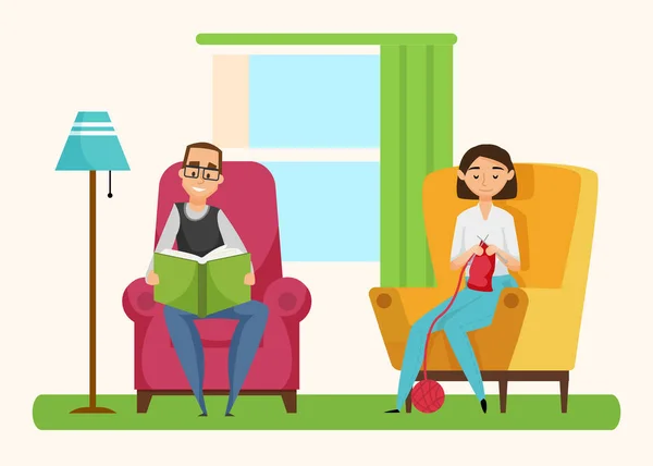 家族のレジャー一緒に 男性の読書本 女性の編み物 猫の椅子 窓や家の植物の装飾に座っている 夫婦ベクトルの趣味 — ストックベクタ