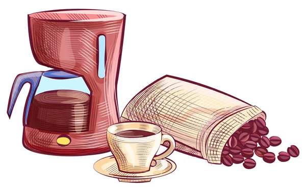 Skizze Eines Wasserkochers Mit Untertasse Und Kaffeegetränk Bohnen Beutel Zeichnen — Stockvektor