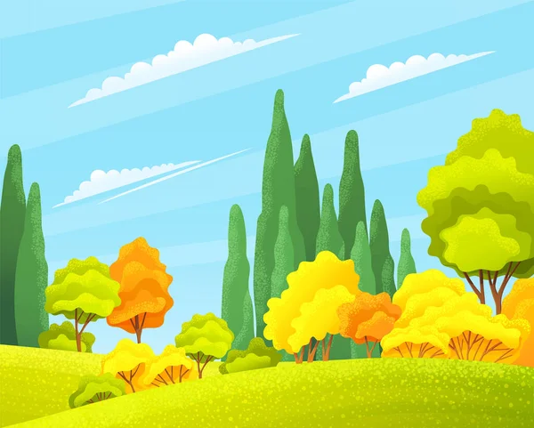 Осенний Лес Красивый Пейзаж Оранжевым Желтым Зелеными Деревьями Кустарниками Травой — стоковый вектор
