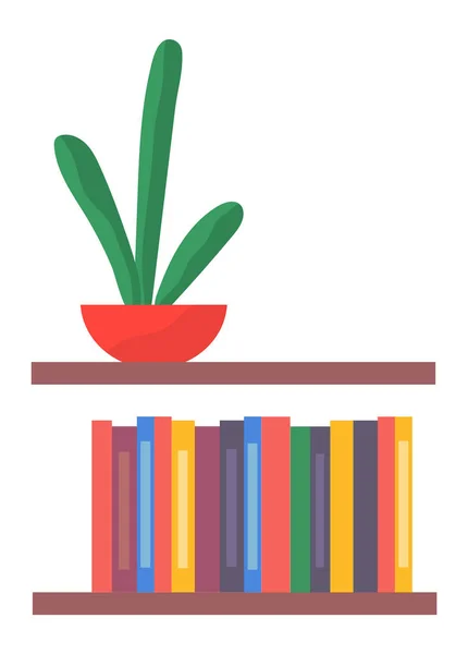 茶色のプラスチックや木製の本棚 多色のスタックフォルダ ドキュメント 赤いポット 緑のサボテンや多肉植物 オフィスの棚の上のフォルダと花 事務所を飾るんだ 帳簿書類所持者 — ストックベクタ