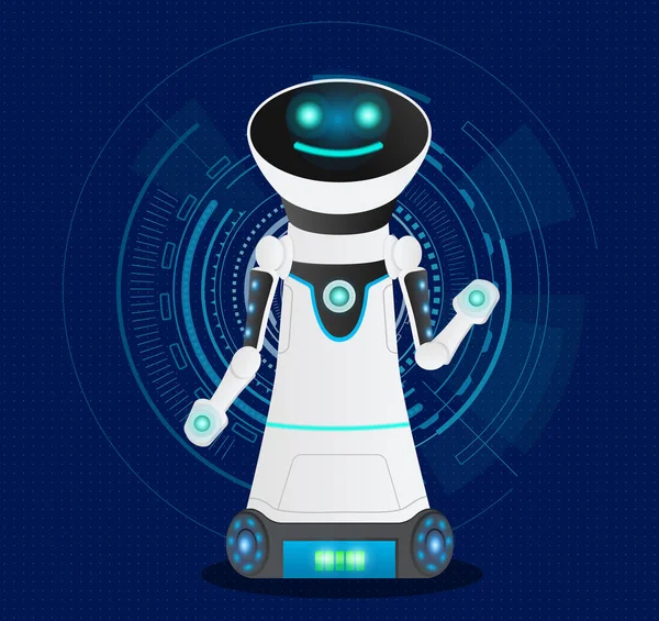 Futuristico Amichevole Sorridente Cyborg Con Intelligenza Artificiale Sfondo Blu Scuro — Vettoriale Stock