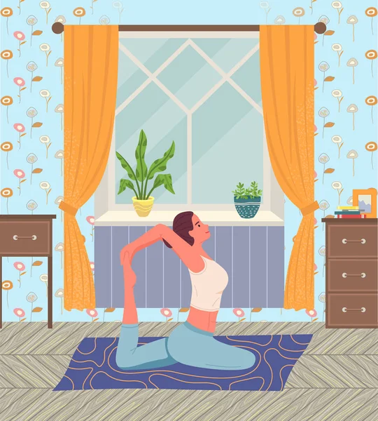 Jeune Fille Legging Bleu Pratique Yoga Karimat Fenêtre Rideaux Une — Image vectorielle