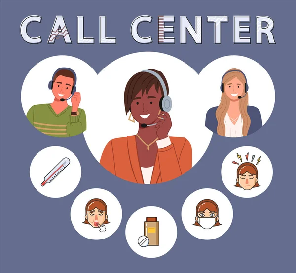 Callcenter Concept Ontwerp Hotline Werknemers Adviseren Klanten Dringende Gezondheidsproblemen Dienst — Stockvector