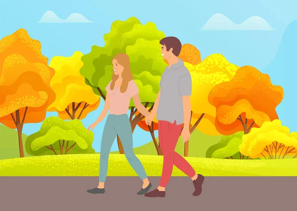 Junger Mann Und Mädchen Lächelnd Händchen Haltend Die Einem Herbsttag — Stockvektor