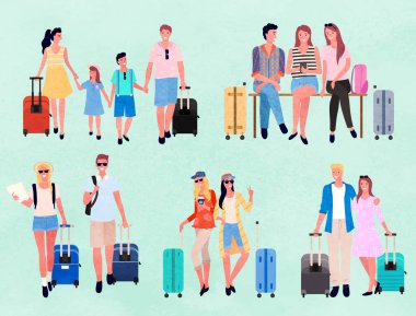 Traveling group family couple, people going on summer vacation. Cartoon characters, tourists and travelers with luggage, suitcases and bags vector. Group of young friends. Family weekend. Flat cartoon clipart