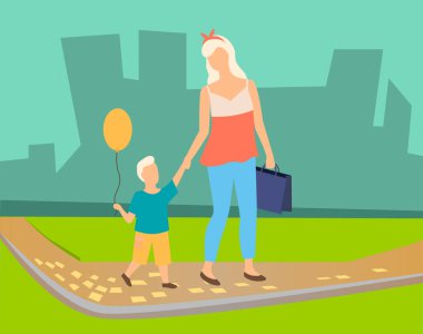 Mutlu anne-kız parkta yürüyen ve gülümseyen balonlarla eğleniyor. Anne ve çocuk dışarıda birlikte vakit geçiriyorlar, aile günü vektörü.