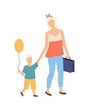 Anne ve çocuk okuldan izole edilmiş çizgi film karakterleri olarak dönüyorlar. Hava balonlu taşıyıcı çocuk ve çantası olan kadın, annelik kavramı, anne ve oğul.