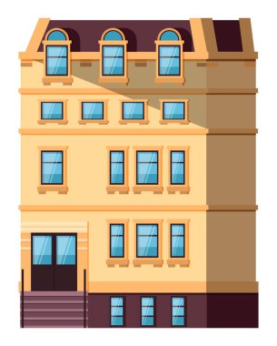 Pencereleri ve girişi olan çok katlı bina, evin gölgesi. Sarı duvarlı şehir veya sokak inşaatı, gökdelen vektörünün dış